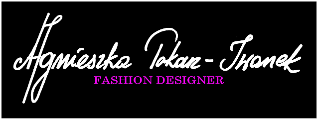 Logo projektantki Agnieszki Tokarz-Iwanek. Na czarnym tle biały napis: Agnieszka Tokarz-Iwanek, pod nim napis w kolorze różowym: Fashion Designer
