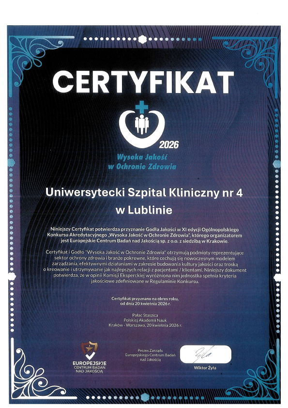 Certyfikat "Wysoka Jakość w Ochronie Zdrowia”