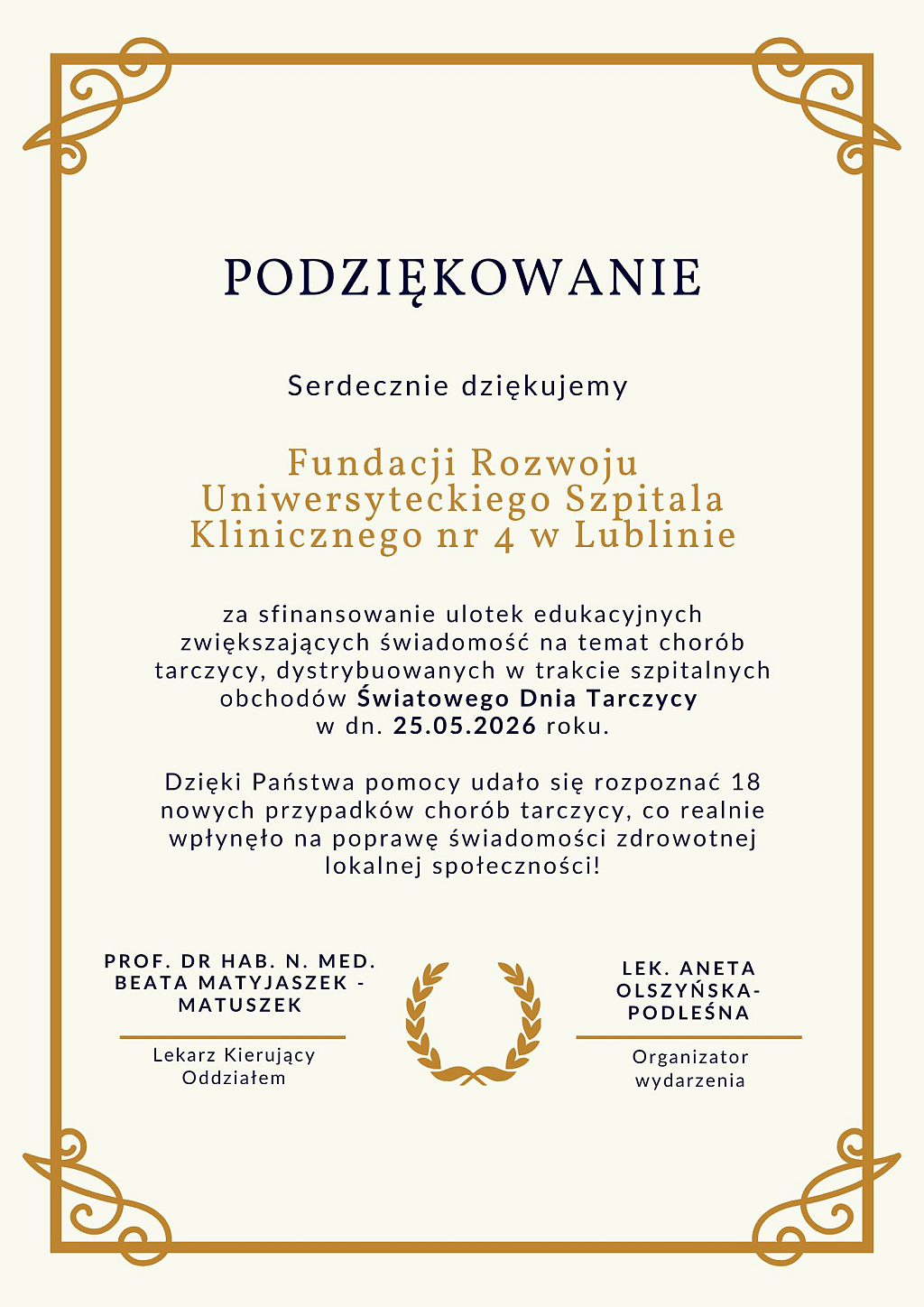 Podziękowanie dla Pani Prezes Fundacji za sfinansowanie ulotek.