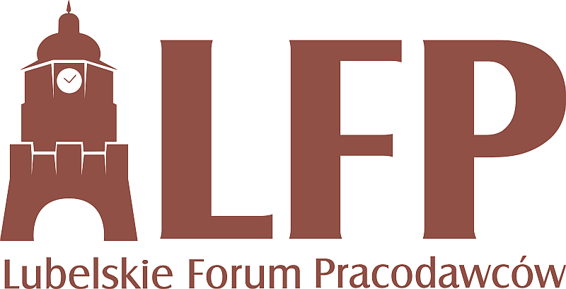Logo LFP – od lewej: bryła Bramy Krakowskiej w kolorze brązowym z napisem LFP Lubelskie Forum Pracodawców w kolorze brązowym