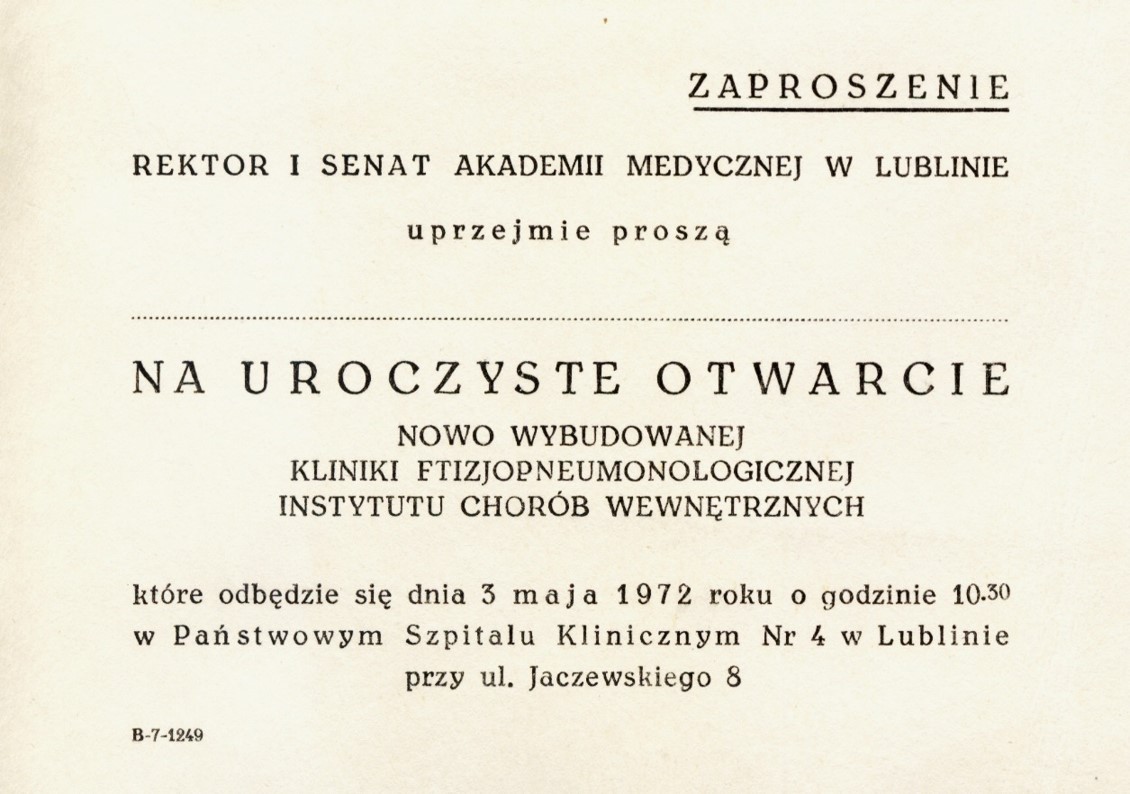 Stare zaproszenie na uroczyste otwarcie Kliniki Ftyzjatrii
