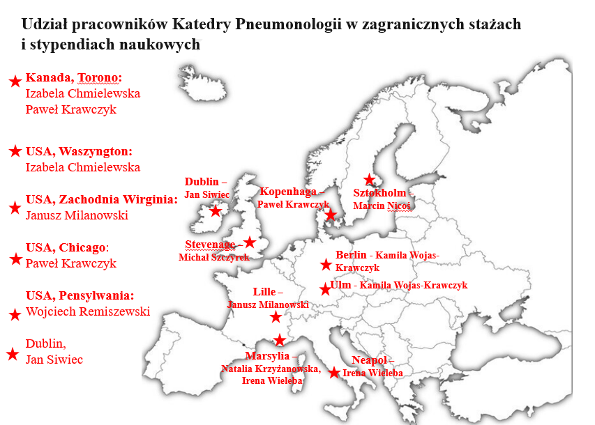 Zarys mapy Europy z wyszczególnionymi miastami, gdzie staże odbywali pracownicy Kliniki Pneumonologii