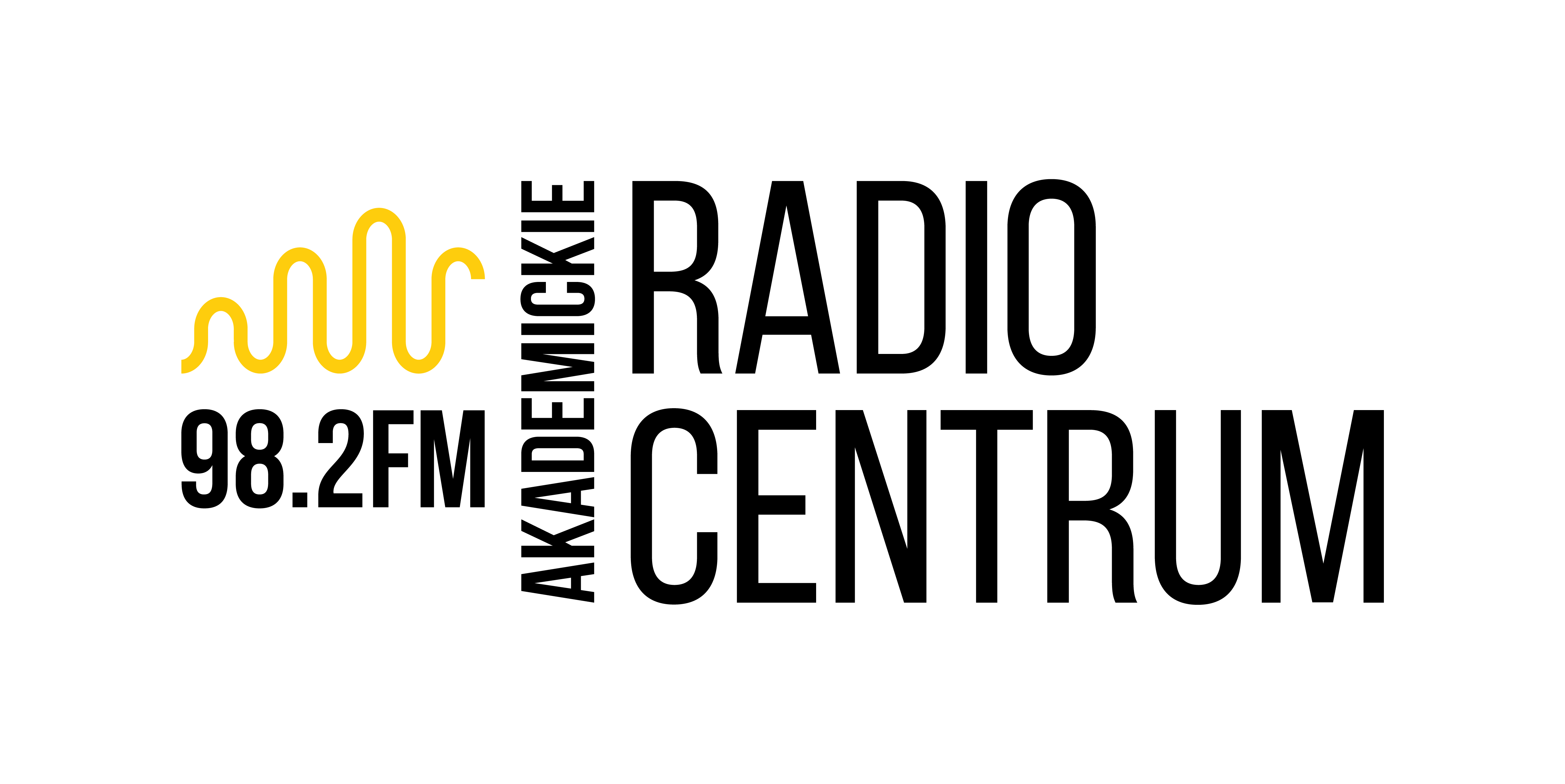 Logo Akademickiego Radia Centrum. Na białym tle żółte fale radiowe, obok napis: 98,2FM Akademickie Radio Centrum