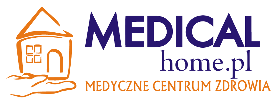 Logo Medycznego Centrum Zdrowia - po lewej stronie: pomarańczowy rysunek domku ustawionego na dłoni, po prawej napis: Medical home.pl Medyczne centrum zdrowia
