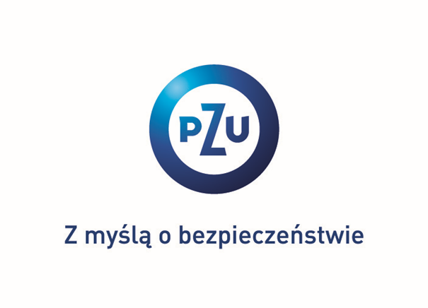 Logo PZU. Na białym tle niebieskie koło z napisem "PZU" wewnątrz okręgu. Pod spodem napis "Z myślą o bezpieczeństwie".