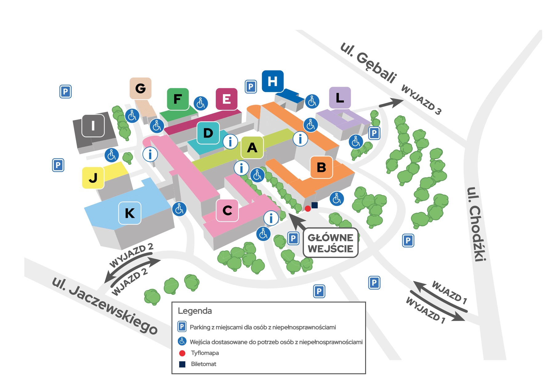 Lokalizacja oddziałów z podziałem na strefy Mapa szpitala z lokalizacją oddziałów oraz zakładów z podziałem na strefy, parkingi oraz wejścia dla osób z niepełnosprawnością. Szczegółowe informacje zawiera opis poniżej mapy.