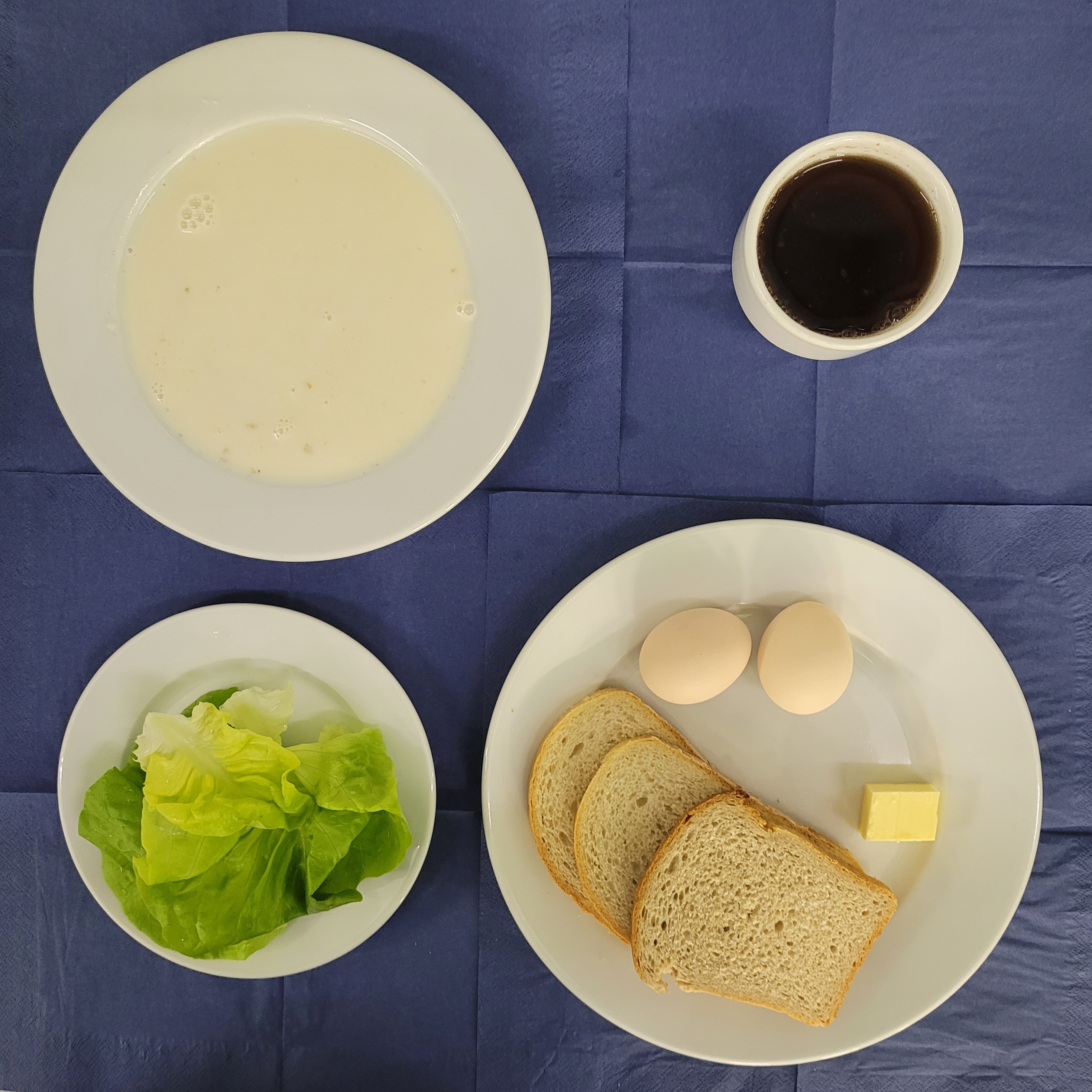 na talerzach płatki owsiane na mleku, chleb pszenny, chleb sitkowy, masło, jajko gotowane 2 sztuki, sałata, w kubku herbata z cytryną